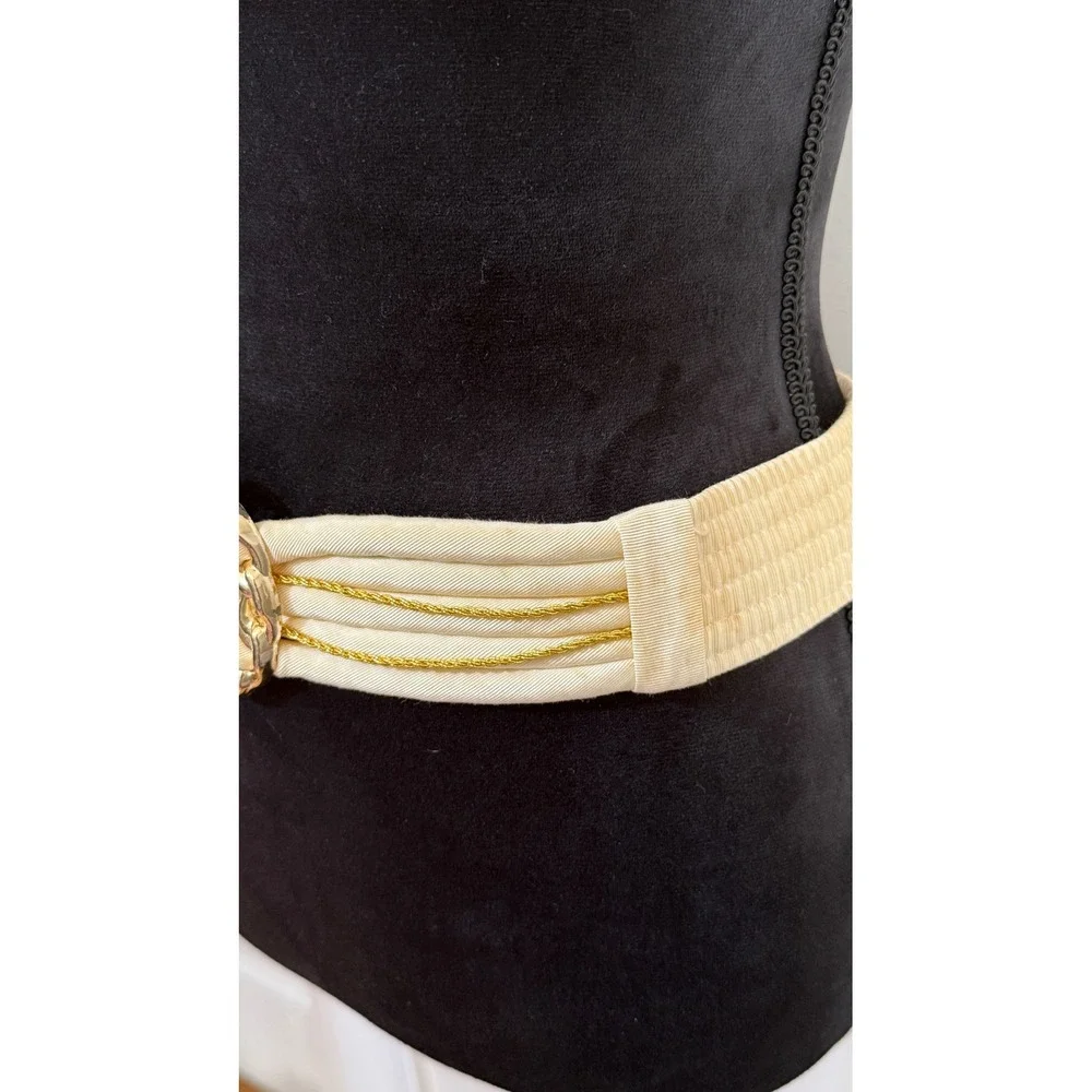 Vintage Cream Fabric Gold Buckle Elastic Cinch Waist Belt‎ Taiwan